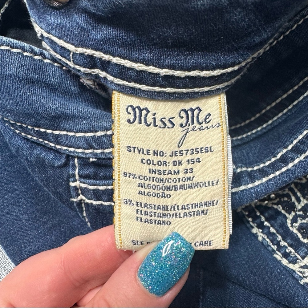 Miss Me Easy Skinny Jean Fleur De Lis Dark Wash Jeans Rhinestone Bling Size 31 - Picture 9 of 10